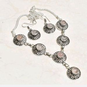 New Rose quartz sterling silver necklace & earrings set